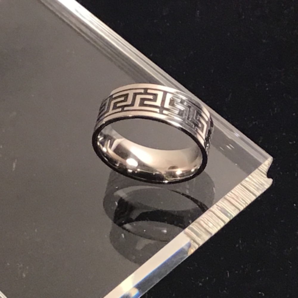 Men’s Rings - Set Of Two - Greek Key Band & Faux Black Onyx